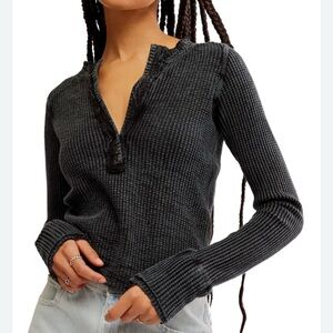 Free People Charcoal Ribbed Long Sleeve Henley Top